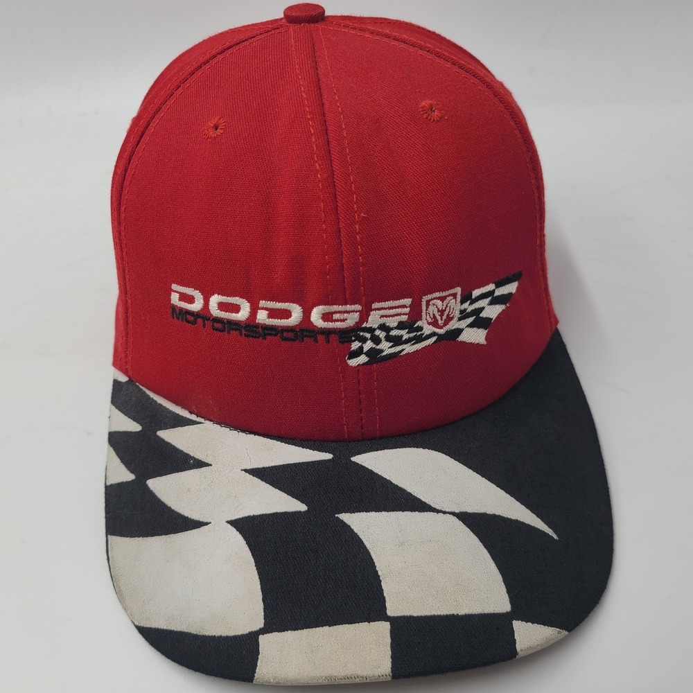 Vintage Dodge Motorsports Hat Snapback Red NASCAR Racing Checkered Flag Brim Men